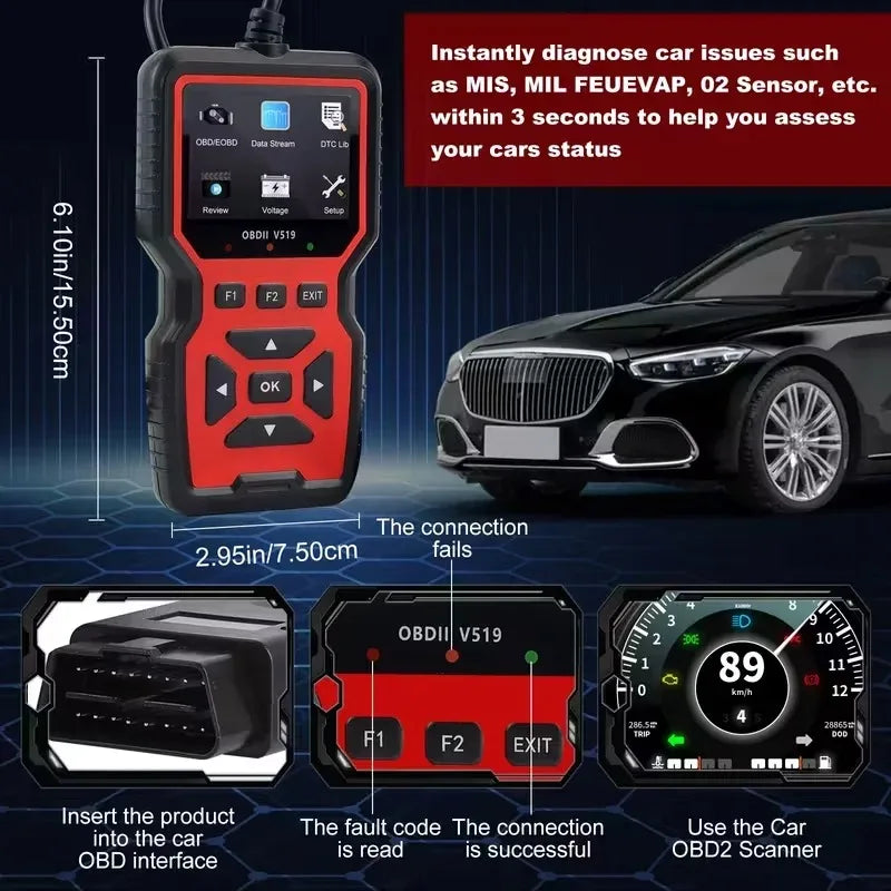 Portable OBD2 Code Reader with Live Data Display USB Powered Car Diagnostic Tool