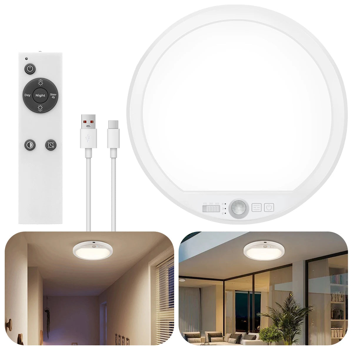 Portable Rechargeable LED Ceiling Light with Motion Sensor and Remote 5000mAh Battery for Hallway Closet