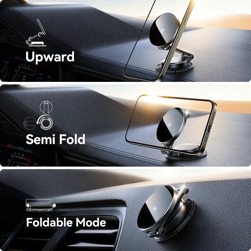 Portable Magnetic Car Phone Mount with 15W Wireless Charging and 360° Adjustable Rotation