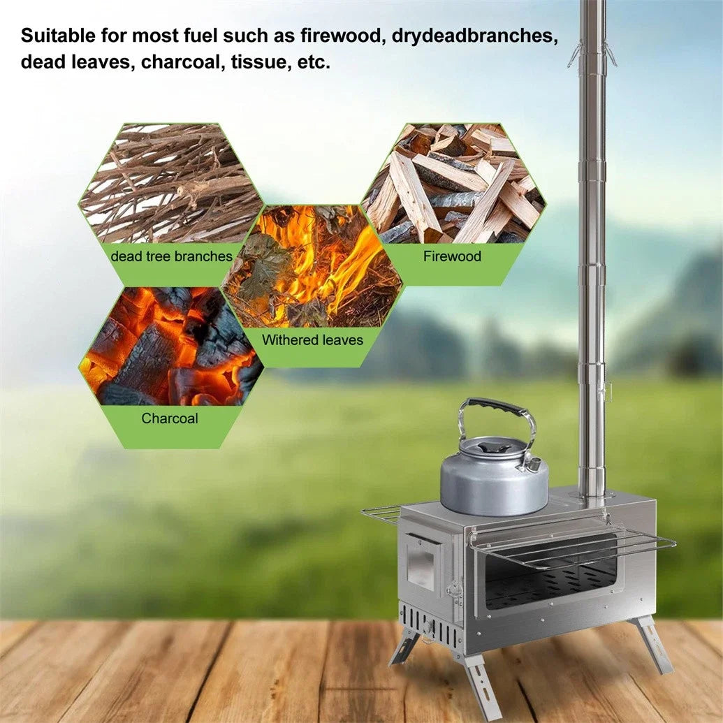 Portable Stainless Steel Camping Wood Stove with Chimney Pipes for Outdoor Cooking and Camping Use