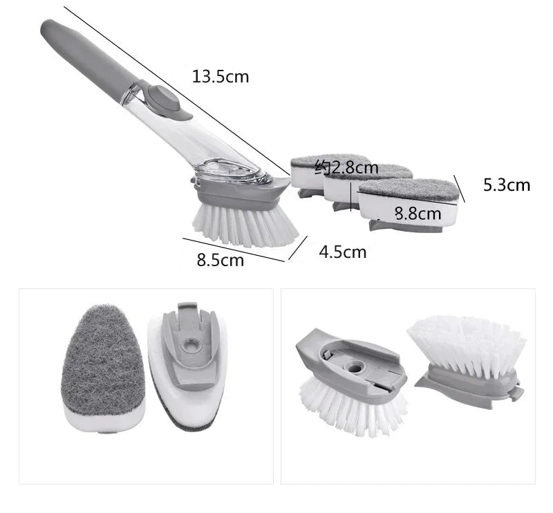 Multi-Function Dish Cleaning Brush with Soap Dispenser Scraper and 2 Sponge Heads