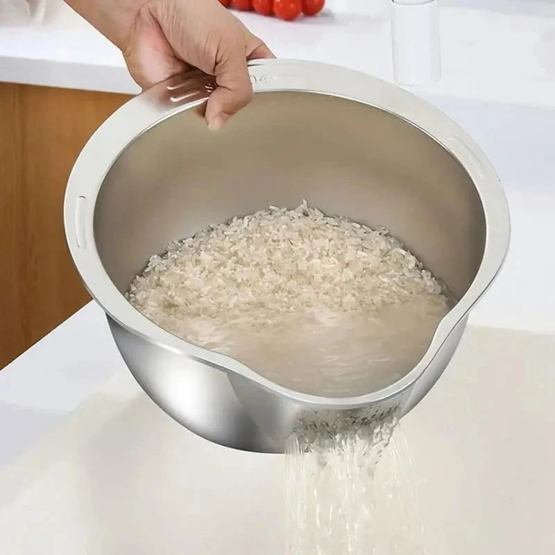 Stainless Steel Rice Washing Bowl with Integrated Strainer Colander for Rice Fruit and Vegetable Washing