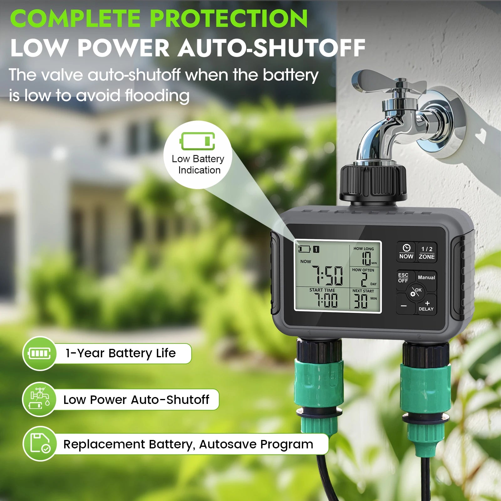 Smart 2-Zone Garden Hose Water Timer with Programmable Schedule and Rain Delay for Yard Irrigation