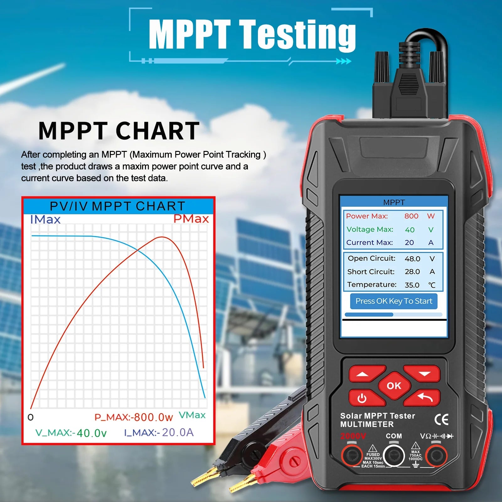 Rechargeable Solar Panel Tester with 3.2 Inch Display and MPPT Curve Analysis for Photovoltaic System Testing