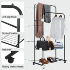 Heavy Duty Rolling Clothes Rack Double Rail with Shelf Metal Garment Storage Stand