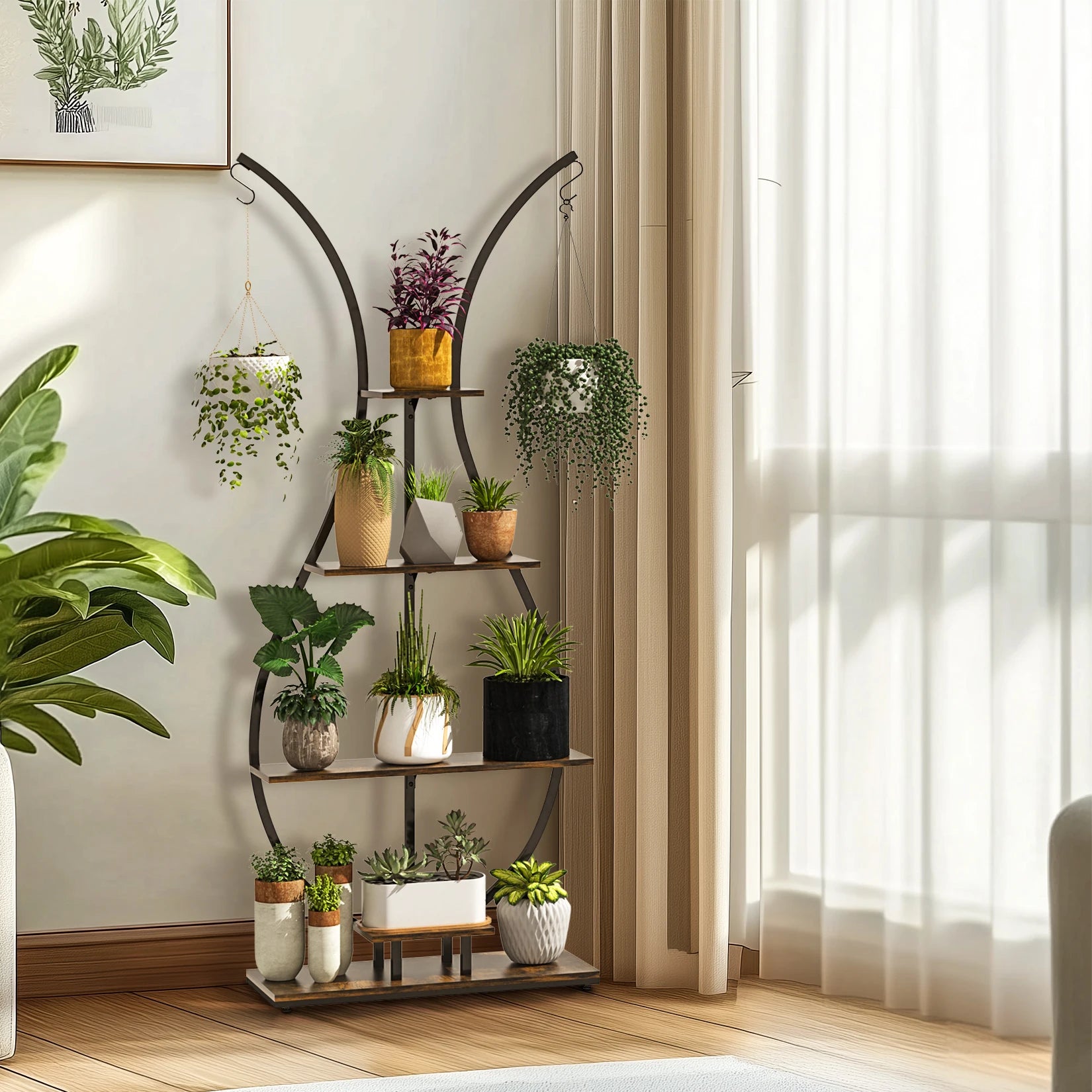 Vase Shape Tall Planter Display Rack Metal Garden Plant Stand with 5 Tiers and Hangers