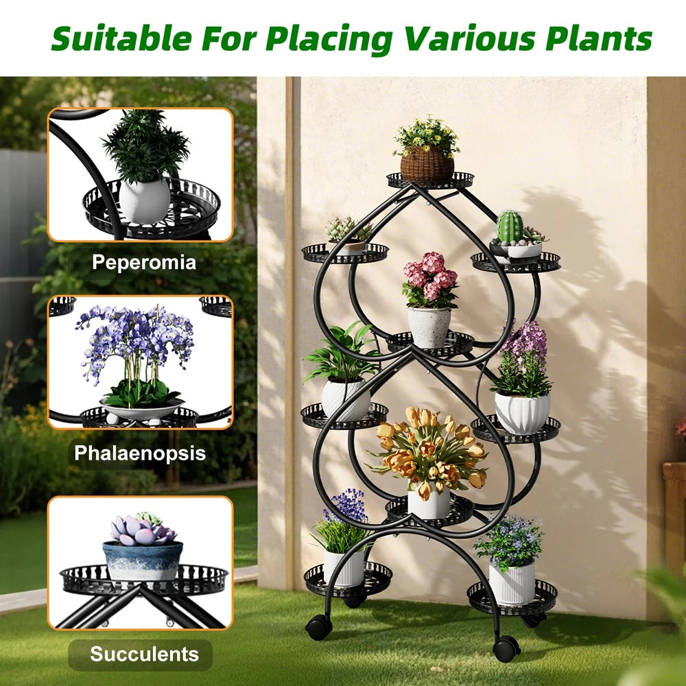 6-Tier Heart-Shaped Plant Stand with Wheels Metal Flower Rack for Indoor Outdoor Use
