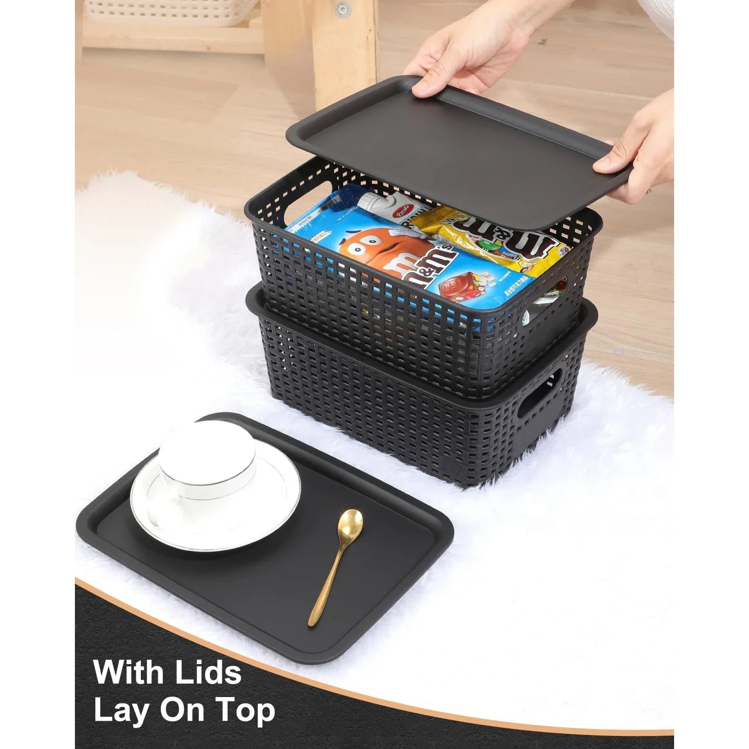 6 Pack Portable Plastic Storage Baskets Hollow Side Organizer Boxes for Home Kitchen Sundries