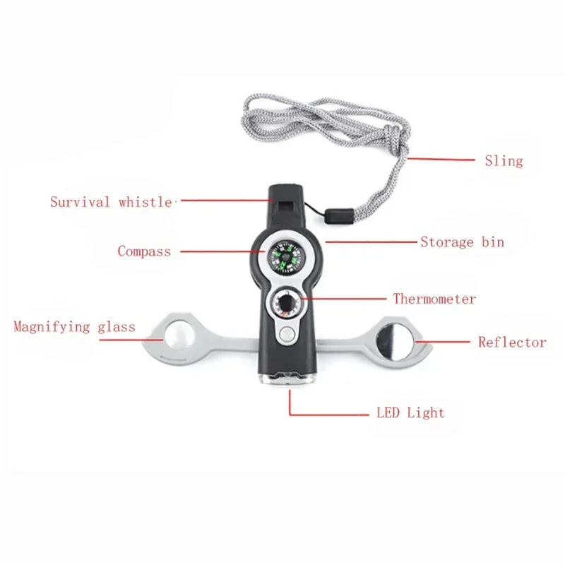 Portable 7-in-1 Outdoor Survival Tool with Compass, LED Flashlight, Whistle and Thermometer