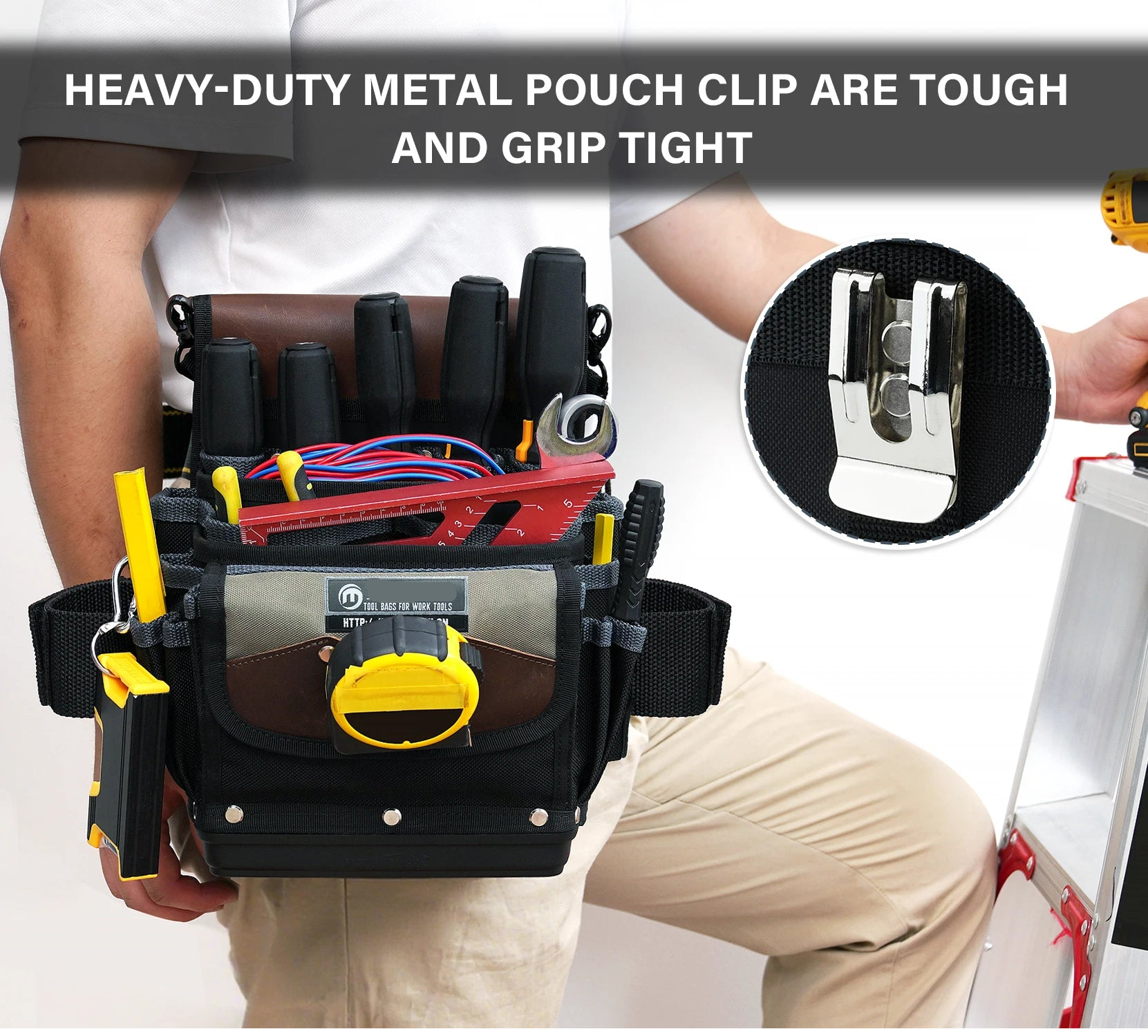 Portable Tool Pouch with Hard Bottom 26 Slot Open Top Tool Bag for Electrician Carpenter Maintenance