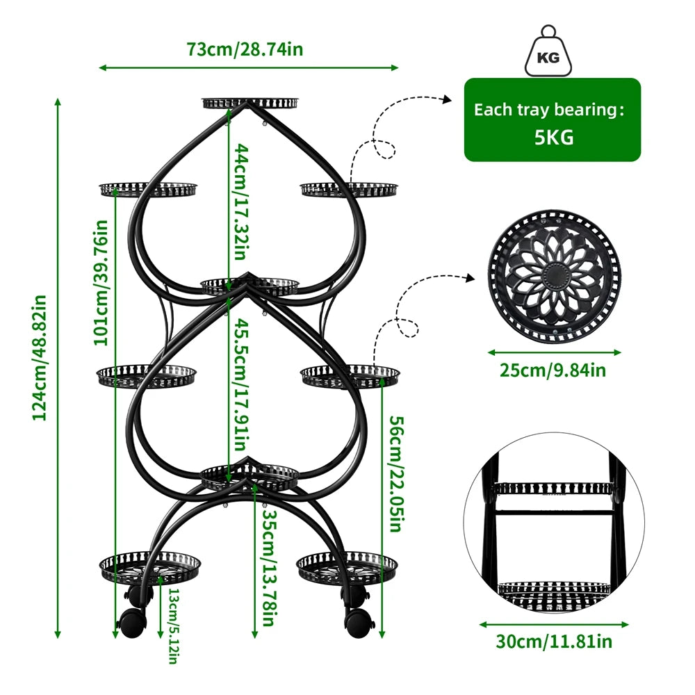 6-Tier Heart-Shaped Plant Stand with Wheels Metal Flower Rack for Indoor Outdoor Use
