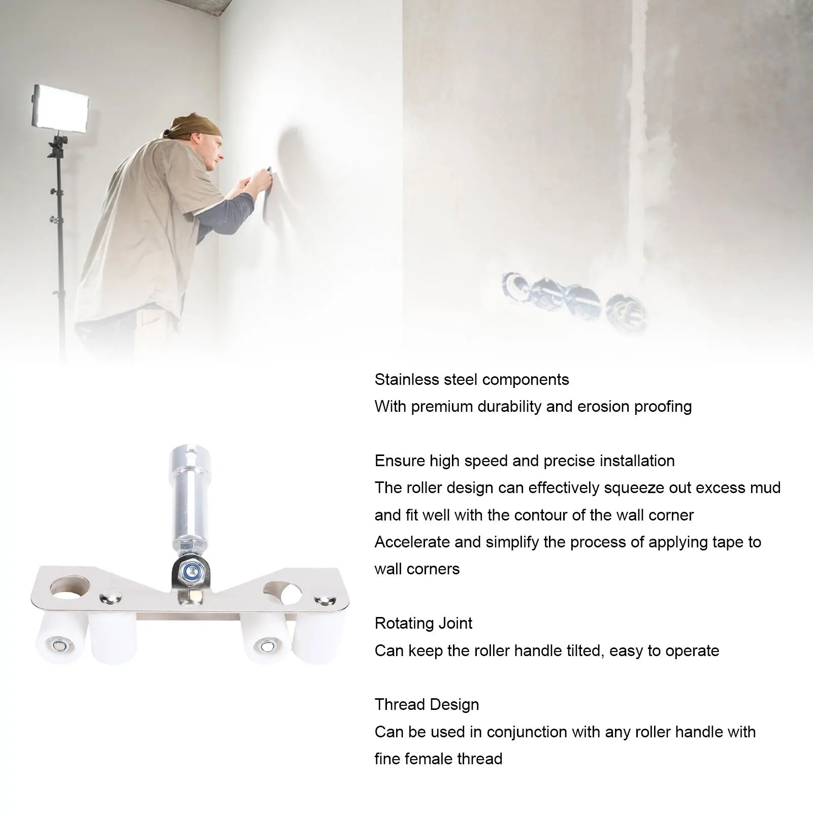 Stainless Steel Drywall Inside Corner Roller with PTFE Wheels and Threaded Adapter for Wall Taping and Finishing