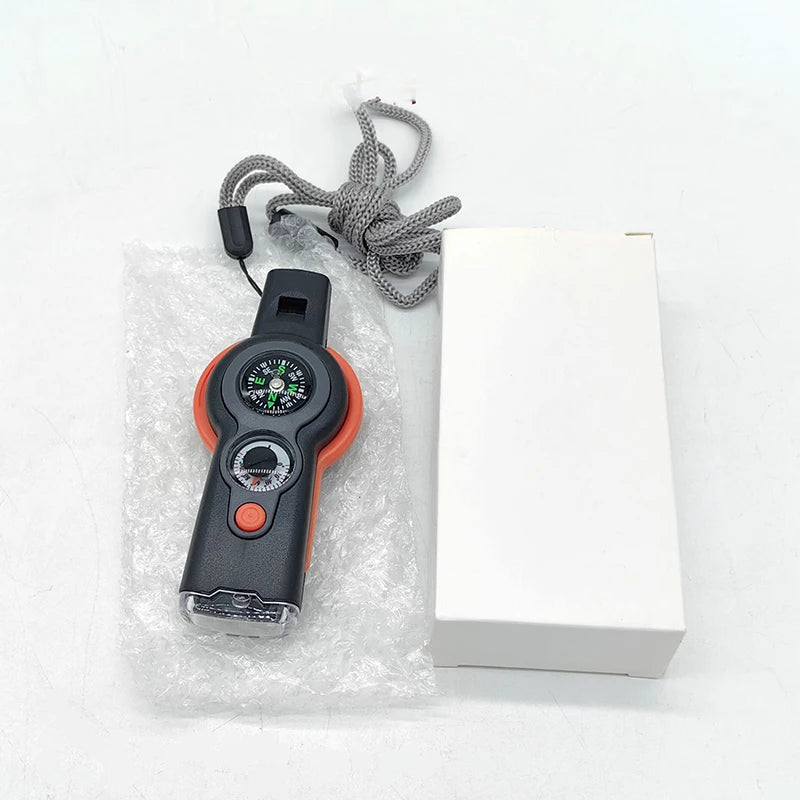 Portable 7-in-1 Outdoor Survival Tool with Compass, LED Flashlight, Whistle and Thermometer