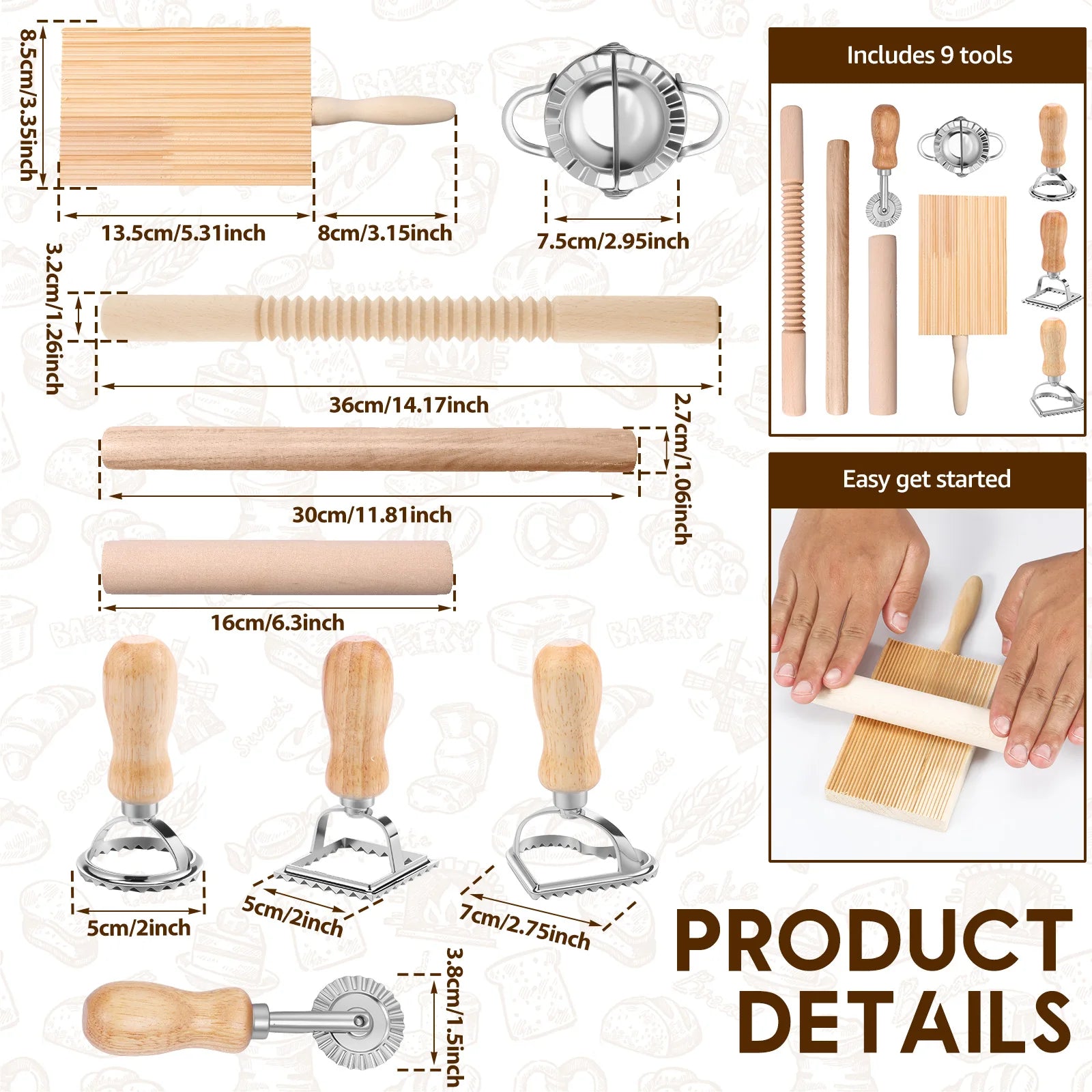 9 Piece Pasta Making Tool Set with Ravioli Stamps Rolling Pins Gnocchi Board Dough Cutter Stainless Steel