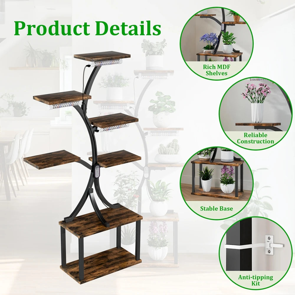 Plant Stand 7 Tier LED Grow Light Rack Wooden Metal Flower Display Shelf for Indoor Plants