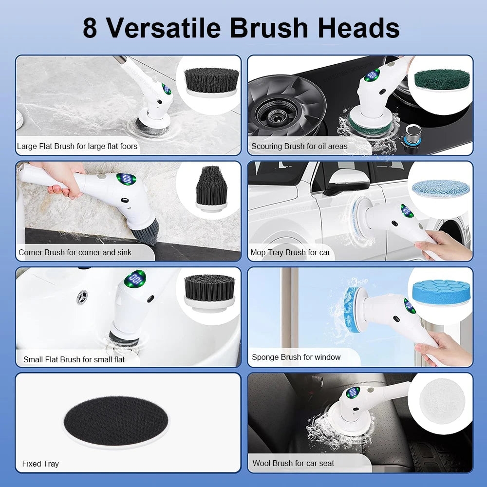 Electric Cleaning Brush 8-in-1 Cordless Rotatable Household Scrubber with Adjustable Handle