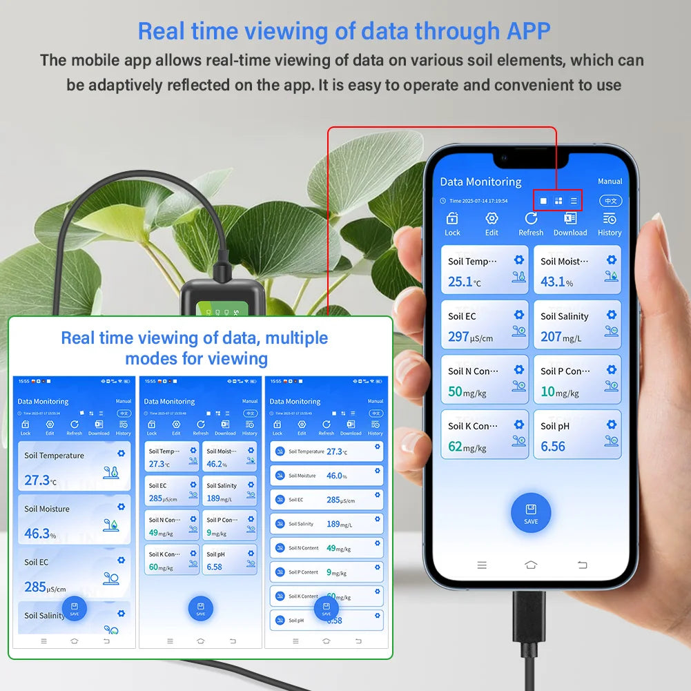 Portable 8-in-1 Soil Tester with USB Mobile Connection for pH EC Moisture NPK and Temperature Monitoring