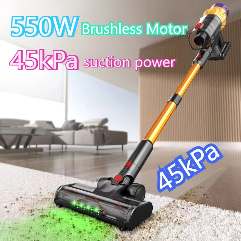 Cordless Vacuum Cleaner 550W 45kPa Rechargeable Stick and Handheld Vacuum with LED Floor Brush