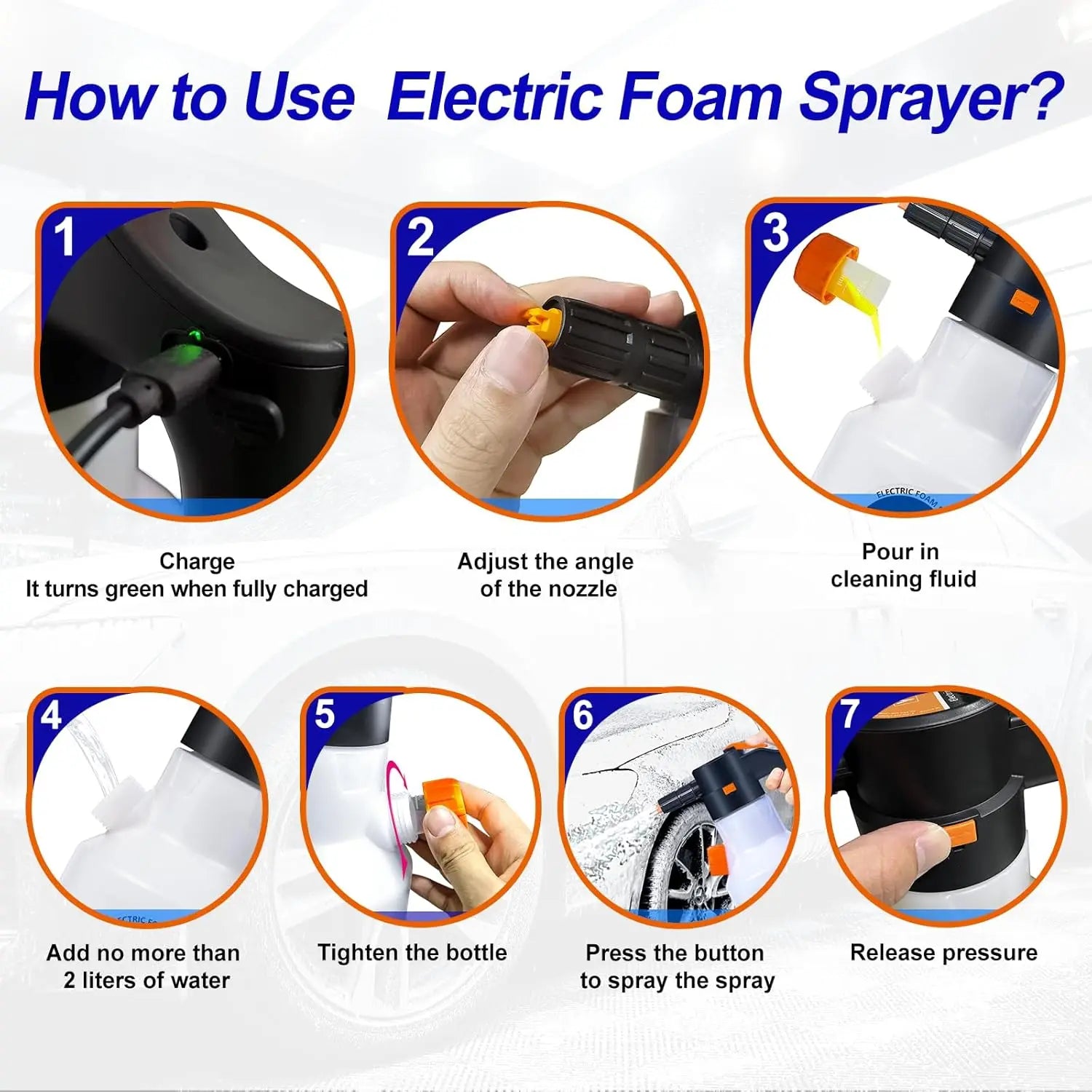 Portable Cordless Electric Foam Sprayer 2L 8 Bar Rechargeable Cleaning Washer Bottle