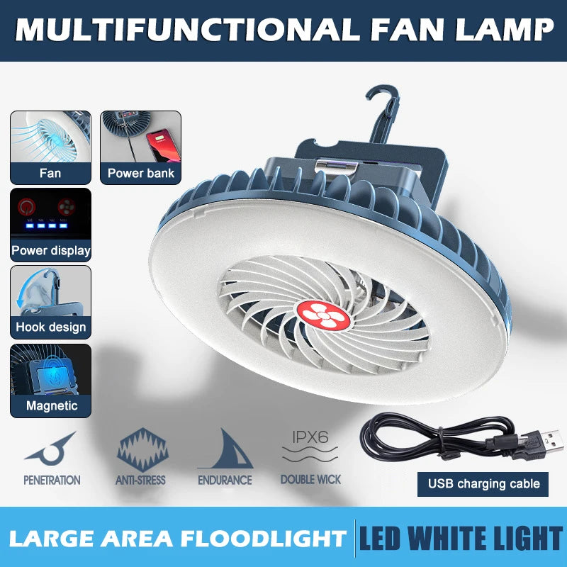 2 in 1 Rechargeable Camping Lantern and Fan Portable LED Tent Light with USB Charging