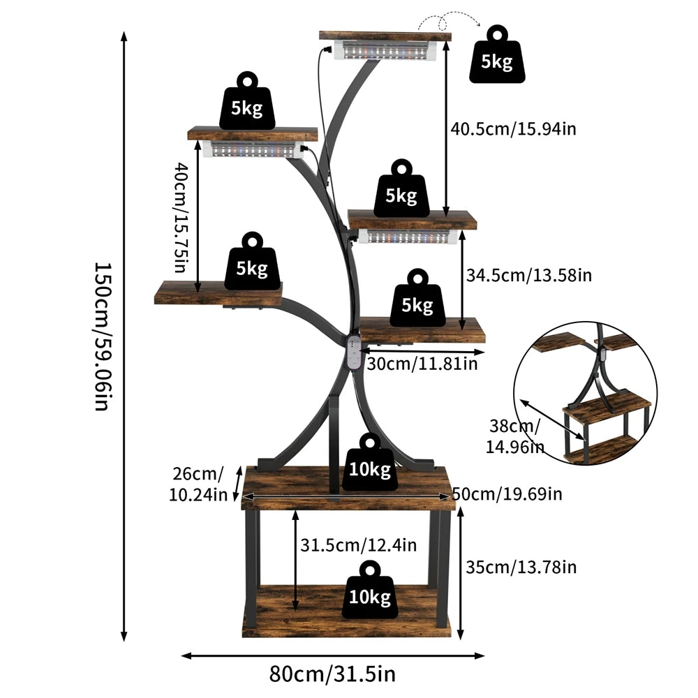 Plant Stand 7 Tier LED Grow Light Rack Wooden Metal Flower Display Shelf for Indoor Plants
