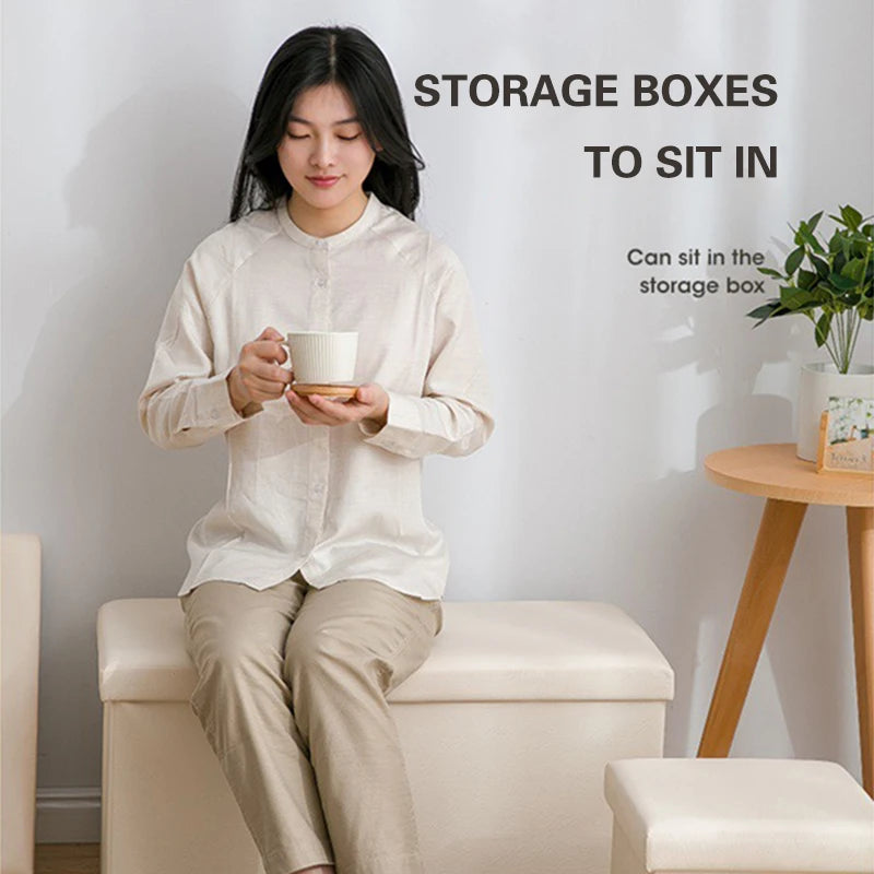 Foldable PU Leather Storage Ottoman Stool 76cm Toy Clothes Organizer Bench for Living Room Bedroom