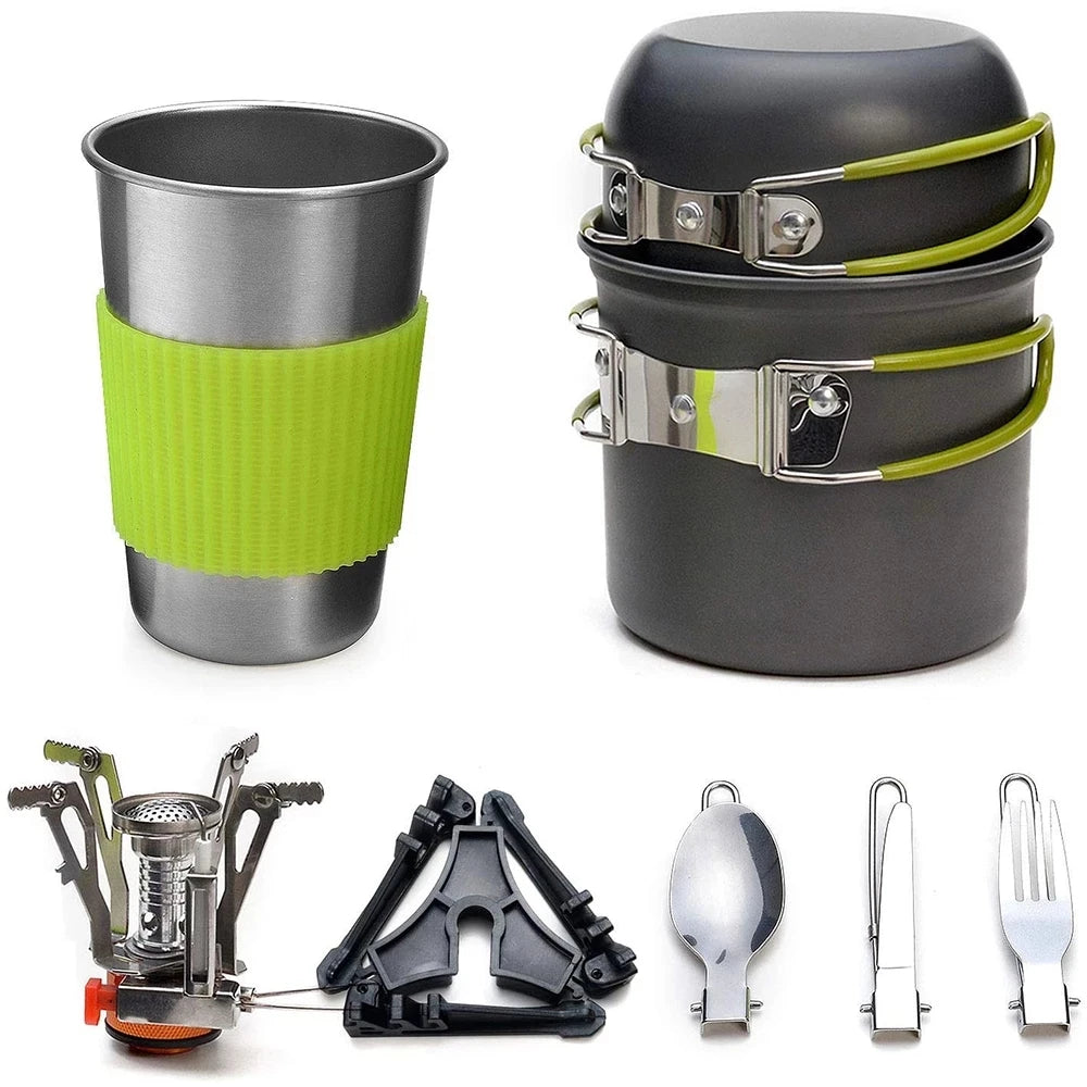 Portable 9-Piece Camping Cookware Kit with Stove Aluminium Pots and Tableware for Outdoor Cooking