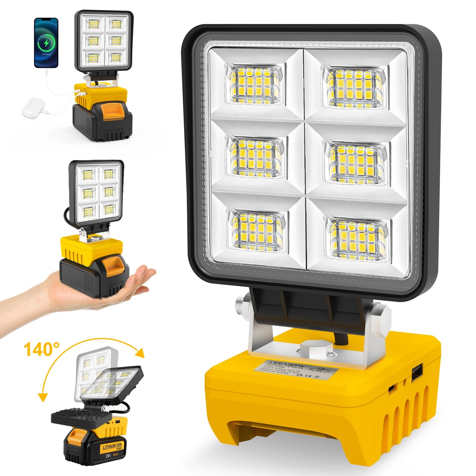Portable 5200LM Cordless LED Flood Work Light 48W Rechargeable Job Site Lamp with Adjustable Base