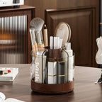 Rotating Makeup Brush Holder with 6 Compartments Acrylic Cosmetic Organizer and Wooden Base
