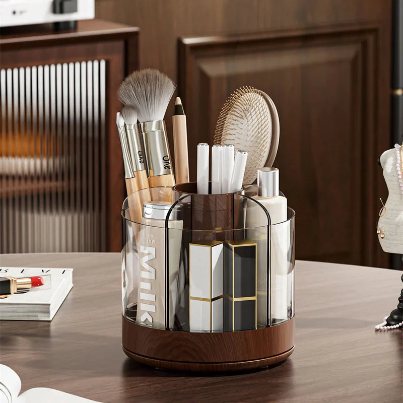 Rotating Makeup Brush Holder with 6 Compartments Acrylic Cosmetic Organizer and Wooden Base