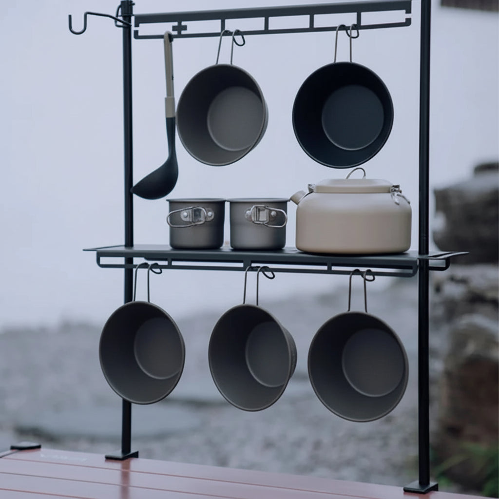 Detachable Aluminum Camping Table Organizer Rack with Shelf and Hanging Bar