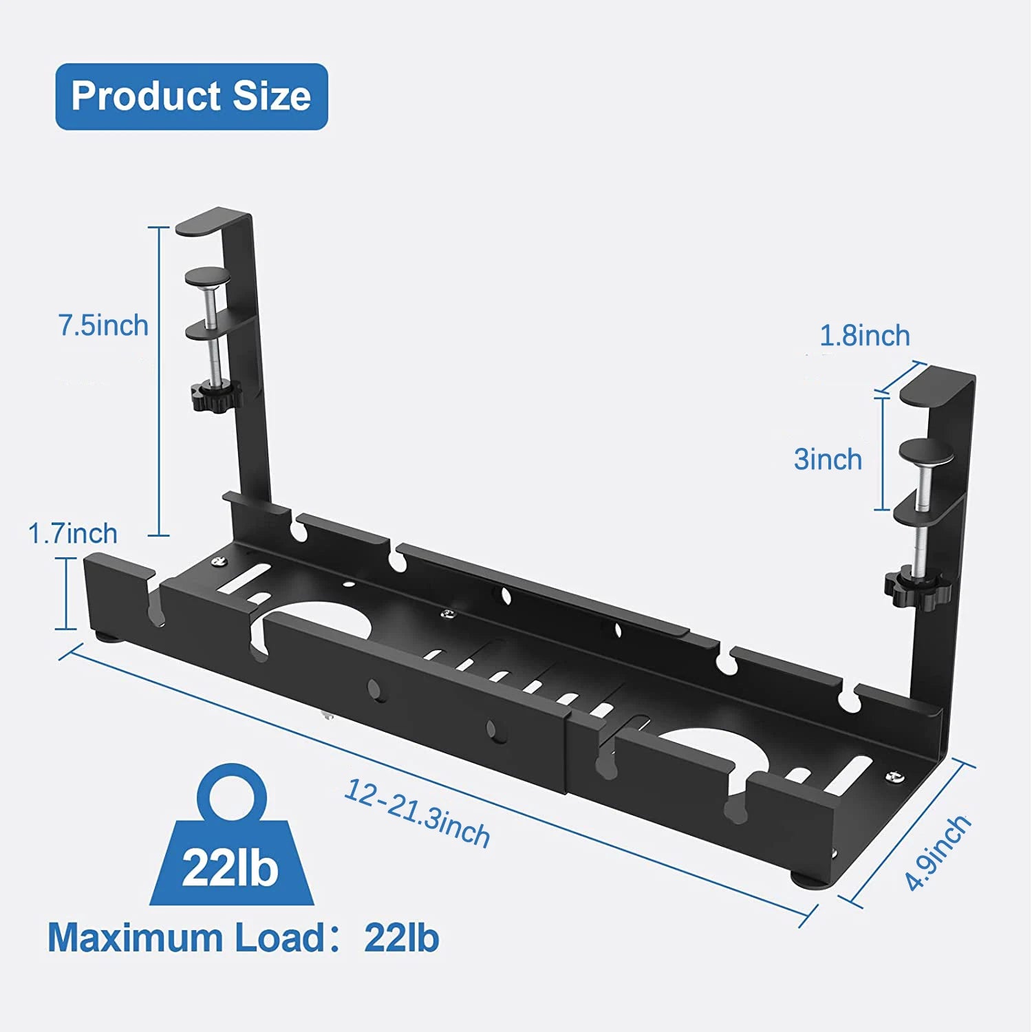 Under Desk Cable Management Tray Adjustable Metal Organizer Rack with No Drill Clamp Mount