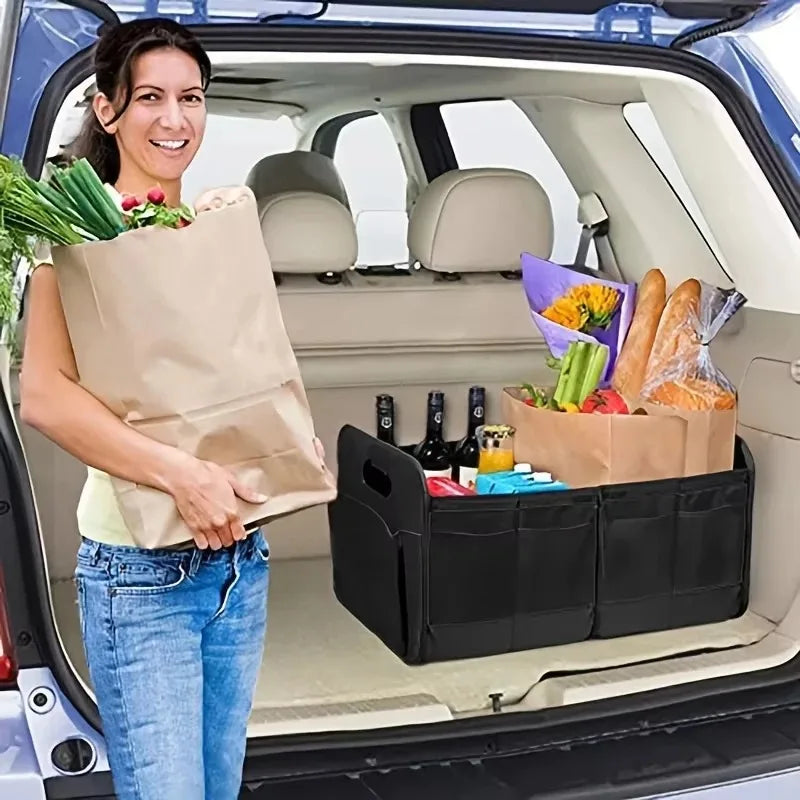 Collapsible Car Trunk Storage Organizer Box 600D Oxford Fabric with Multiple Compartments and Reinforced Handles