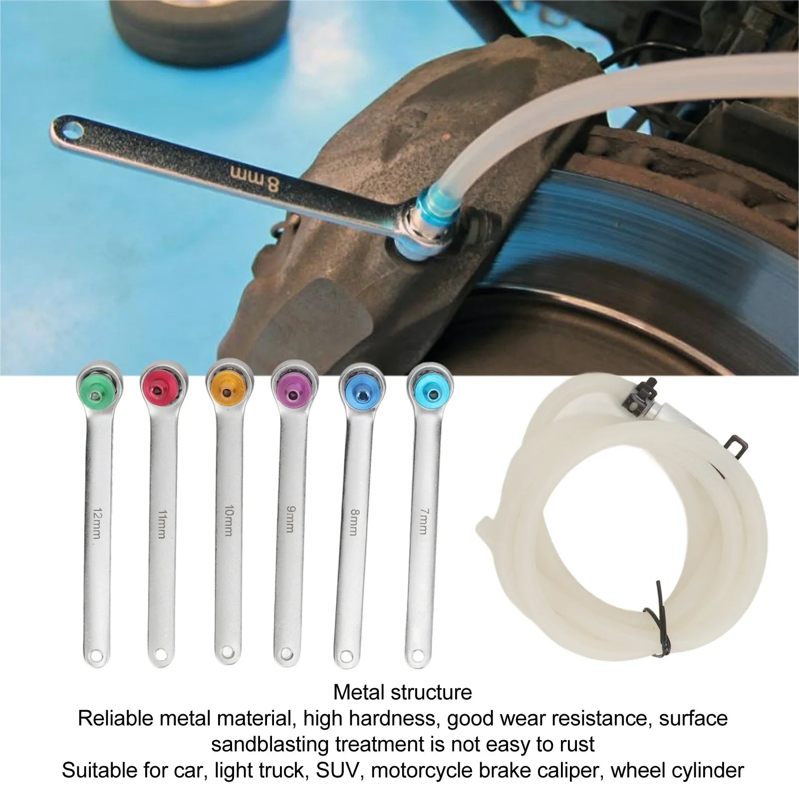 Heavy Duty 7-Piece Brake Bleeder Wrench Kit with Check Valve Hose and Storage Box