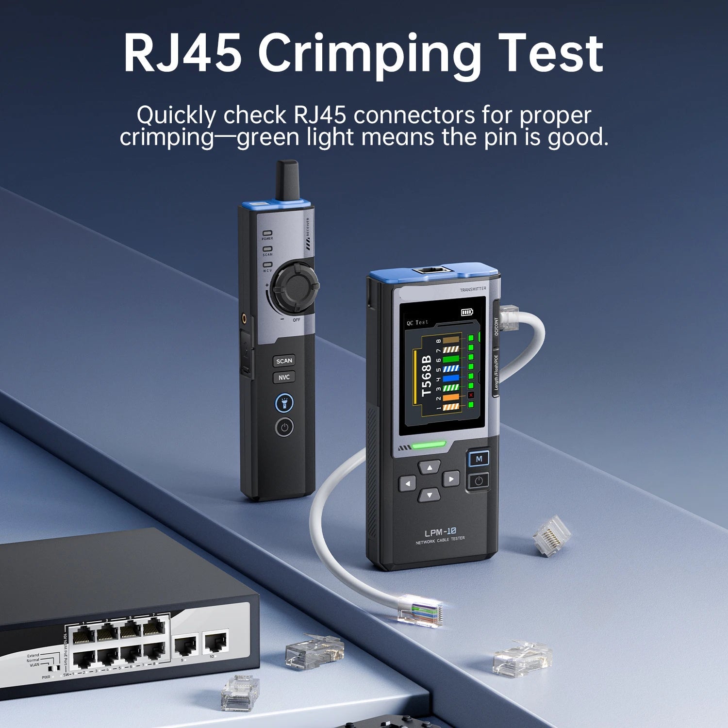 Portable Network Cable Tester with RJ45 RJ11 Ports, PoE Detection, Port Flashing and Color Display