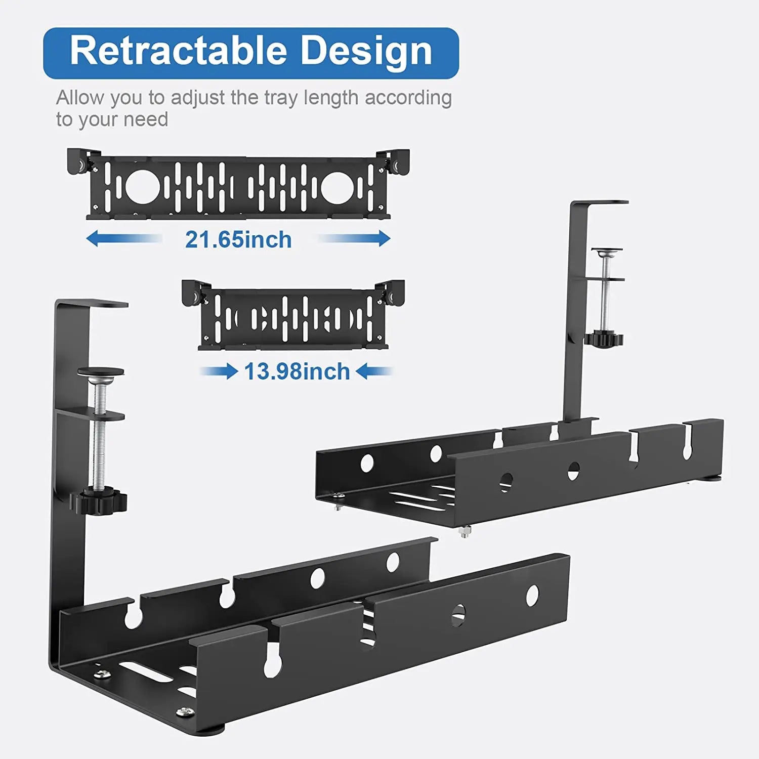 Under Desk Cable Management Tray Adjustable Metal Organizer Rack with No Drill Clamp Mount