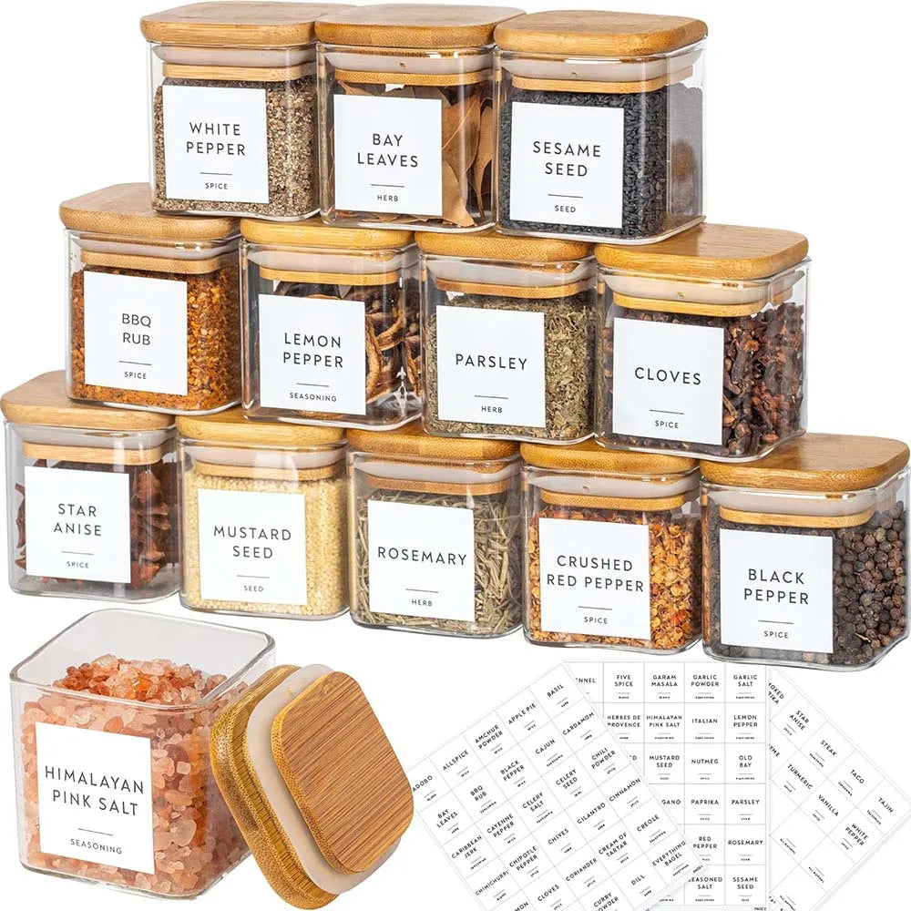 Glass Spice Jar Set with Bamboo Lids and Labels Square Food Storage Containers 6 or 12 Pack
