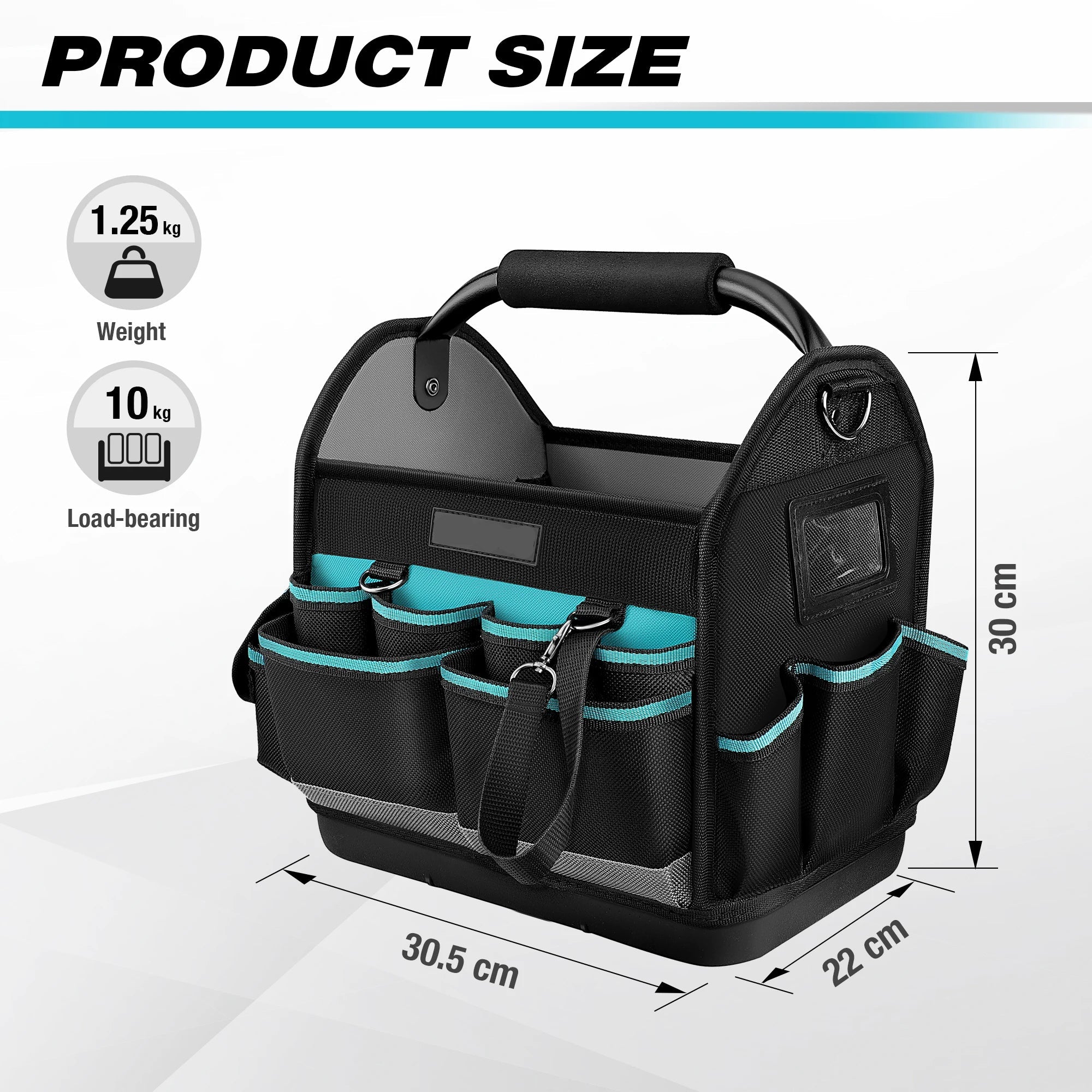 Portable 12 Inch Tool Tote Bag with Wide Mouth Opening and Multiple Storage Pockets