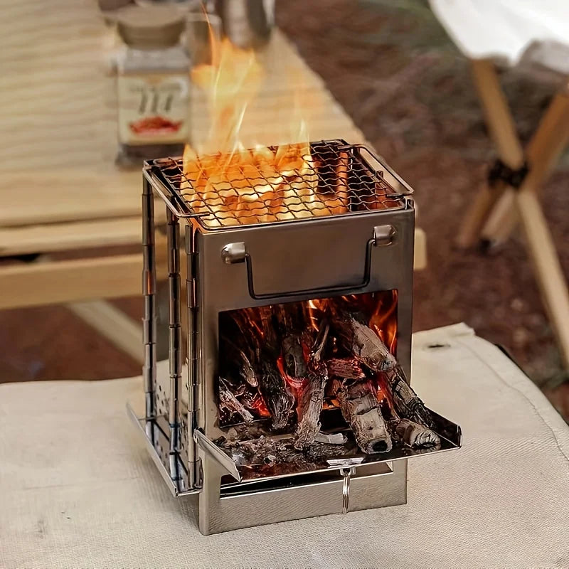 Portable Stainless Steel Camping Stove with Charcoal Grill Foldable Outdoor Cooking Stove