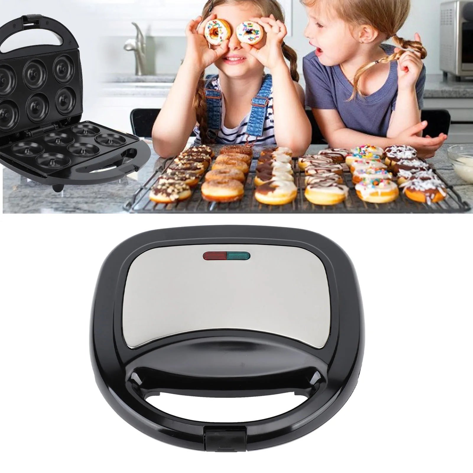 Portable Mini Donut Maker Machine 750W with Non-Stick Plates and Double-Sided Heating