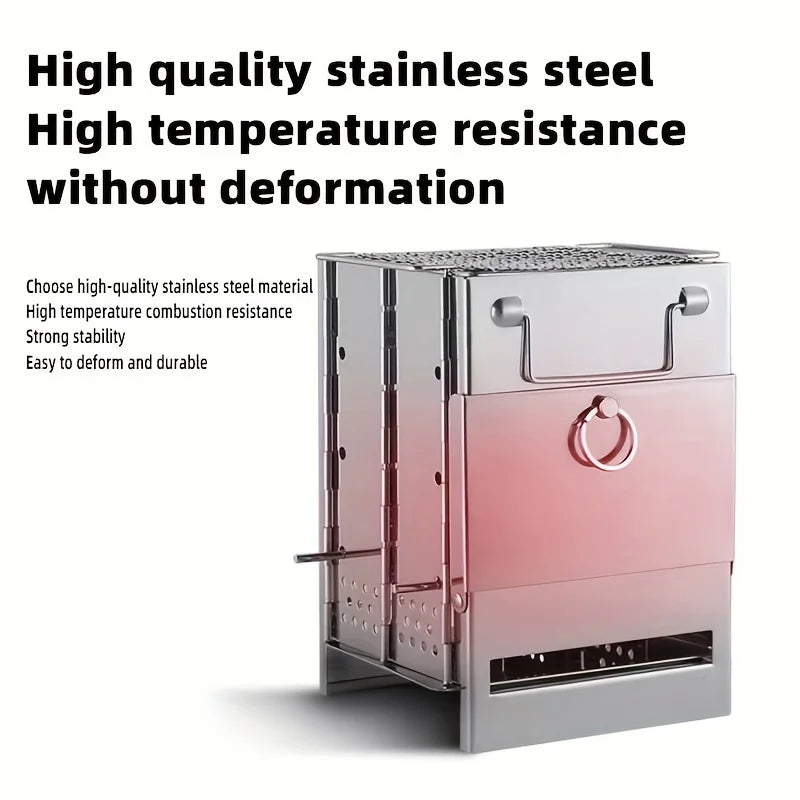 Portable Stainless Steel Camping Stove with Charcoal Grill Foldable Outdoor Cooking Stove