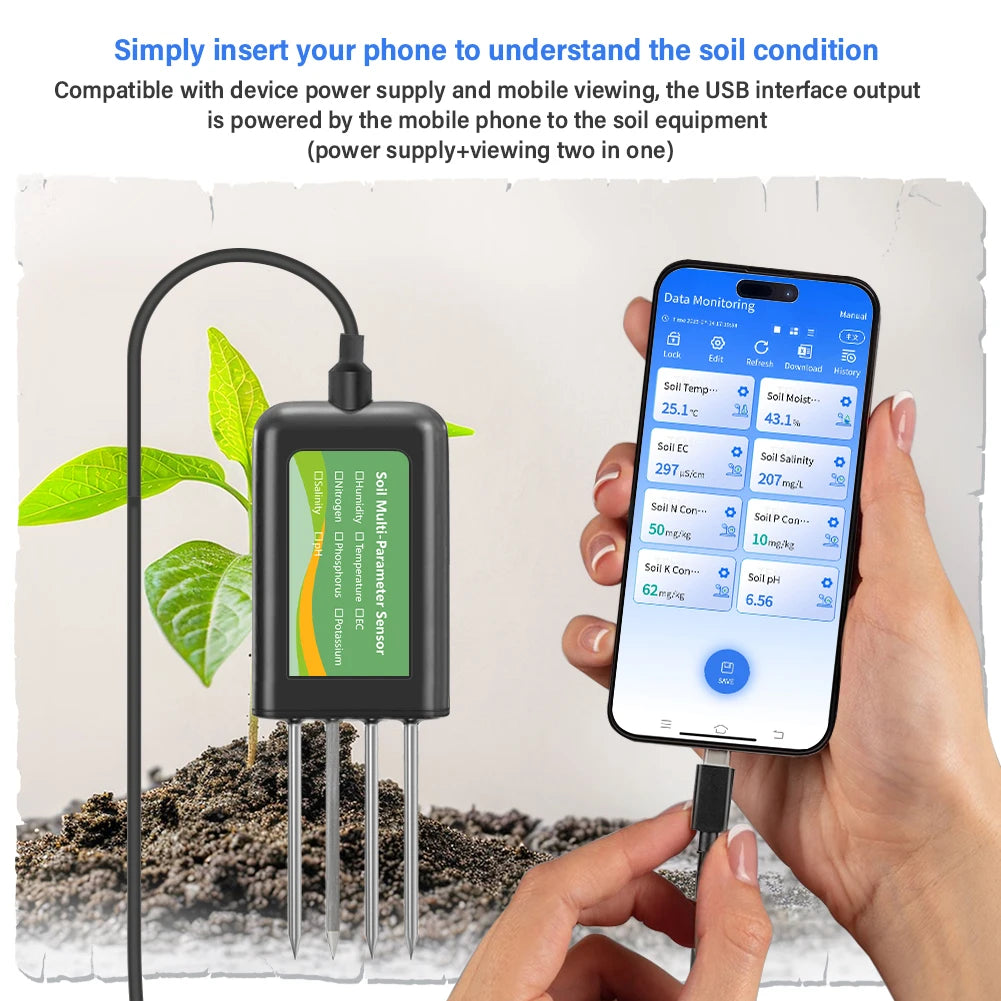 Portable 8-in-1 Soil Tester with USB Mobile Connection for pH EC Moisture NPK and Temperature Monitoring