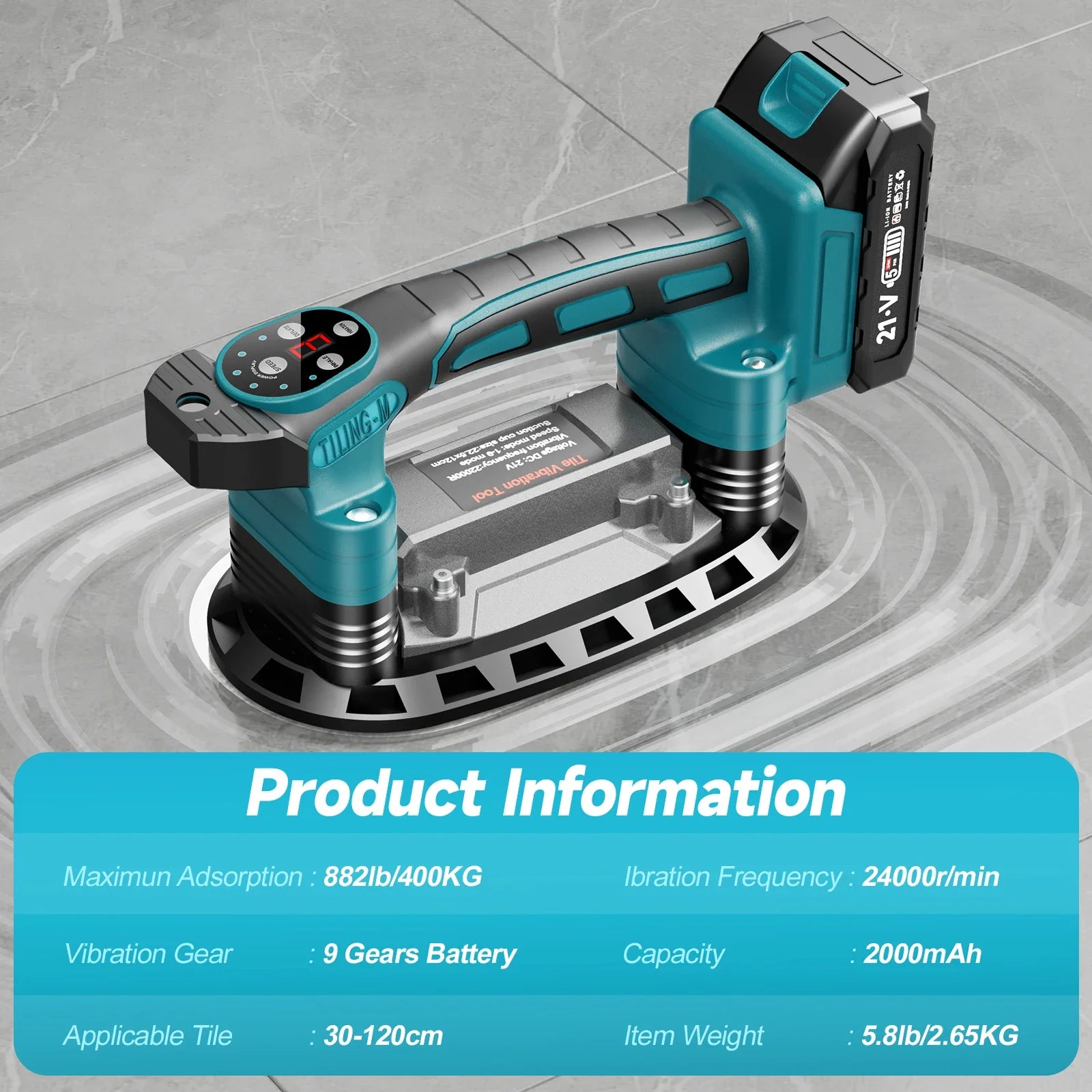 Cordless Tile Laying Machine 9 Speed Vibration Leveling Tool with 400kg Suction Capacity