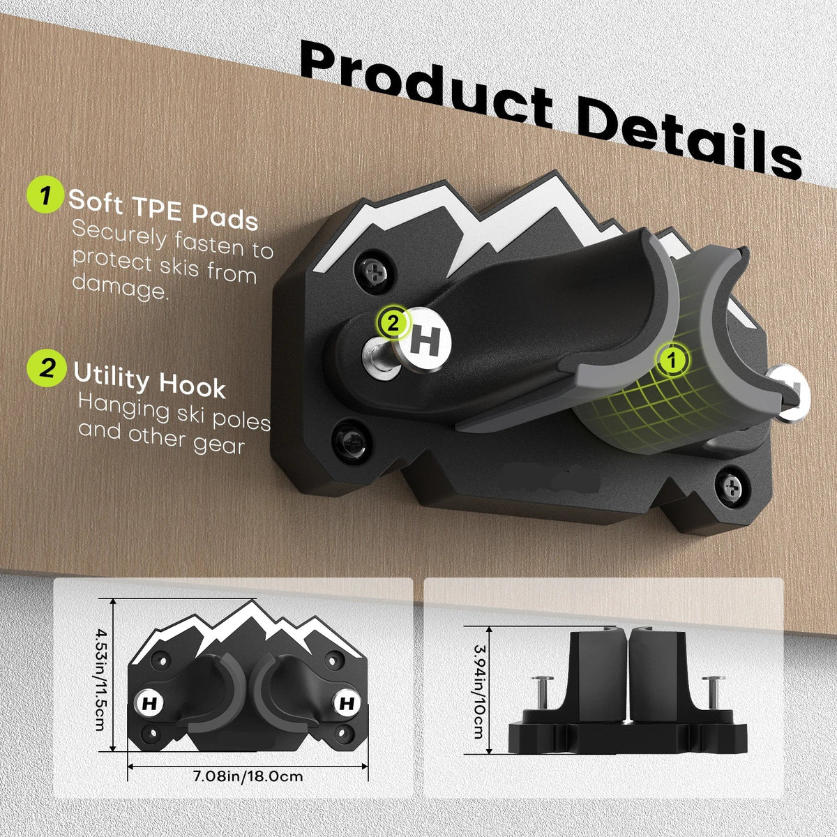 Ski and Snowboard Wall Mount Gravity Lock Storage Rack with TPE Pads and Utility Hook