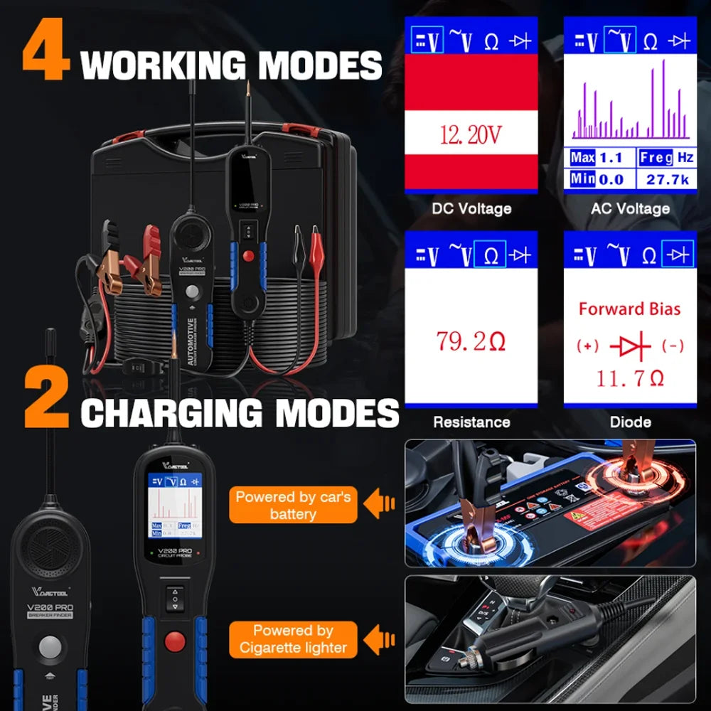 Automotive Power Circuit Probe Tester V200PRO 12V/24V with 120cm Cable and Fuse Testing