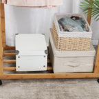 Bamboo Rolling Clothes Rack with Double Rails and Shelf Portable Open Wardrobe Storage
