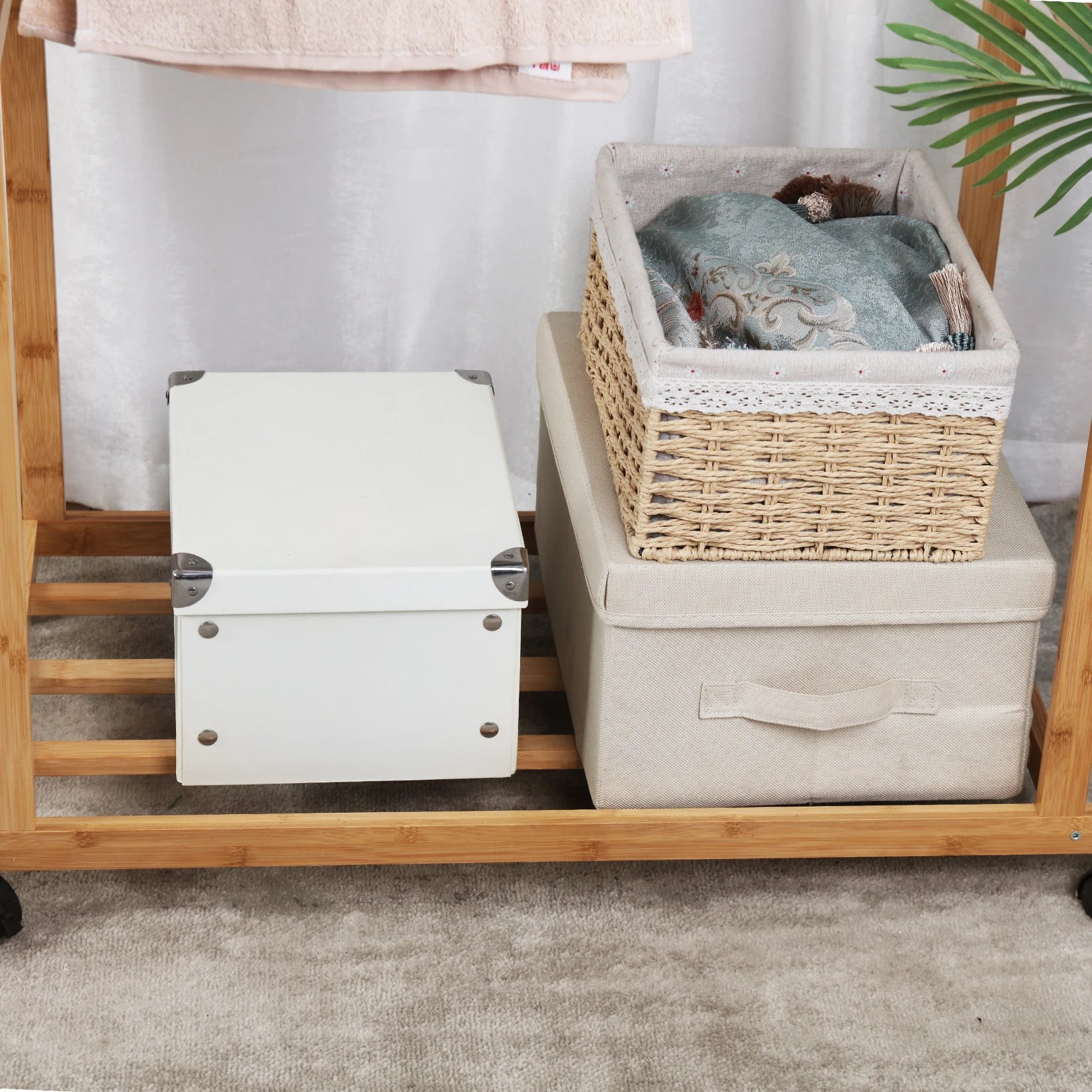 Bamboo Rolling Clothes Rack with Double Rails and Shelf Portable Open Wardrobe Storage