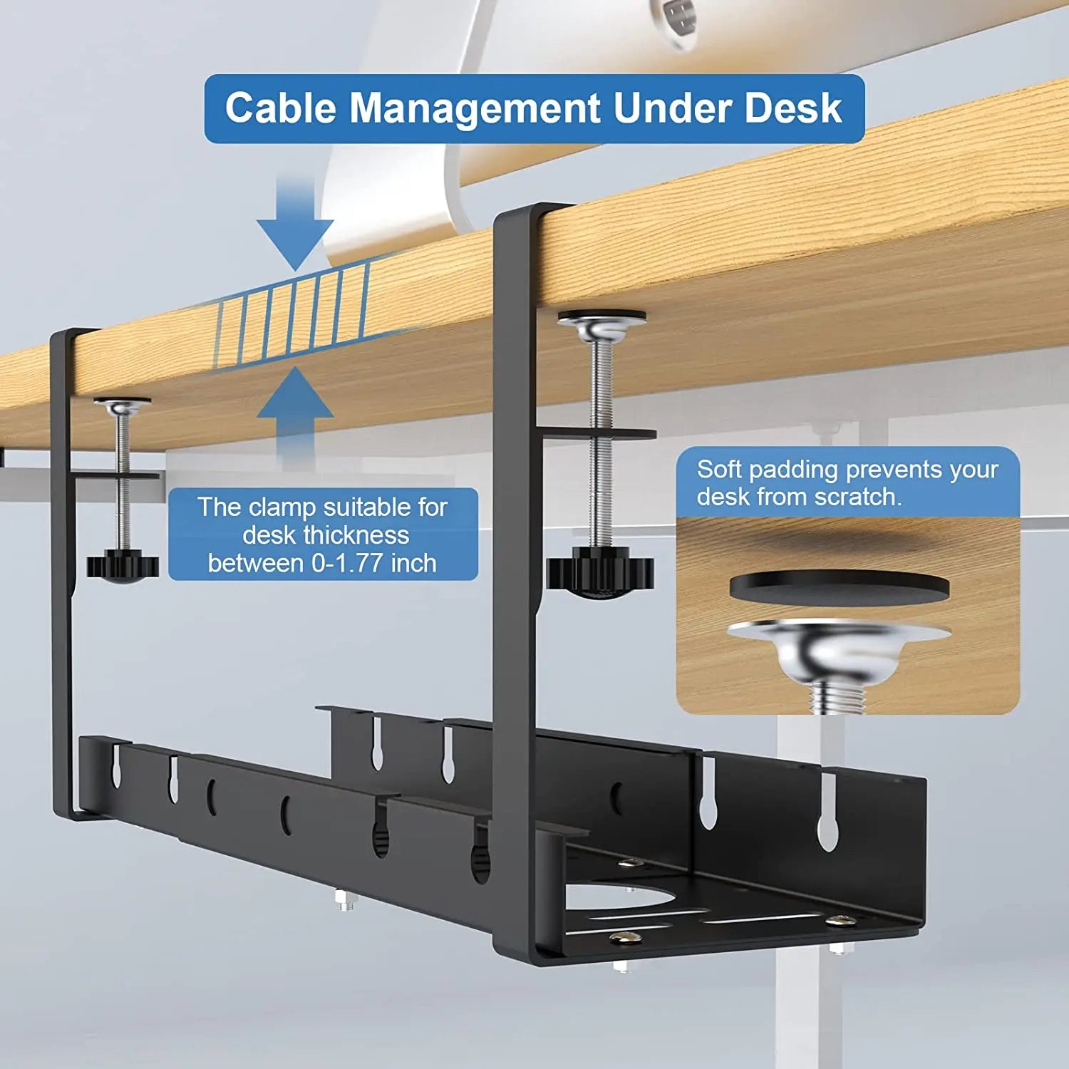 Under Desk Cable Management Tray Adjustable Metal Organizer Rack with No Drill Clamp Mount