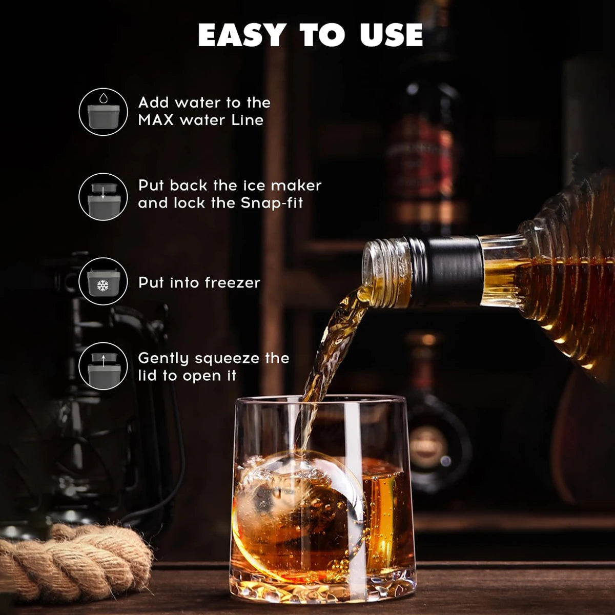 Crystal Clear Ice Ball Maker 4 Large 2.4 Inch Sphere Ice Mold for Whiskey Cocktails Drinks