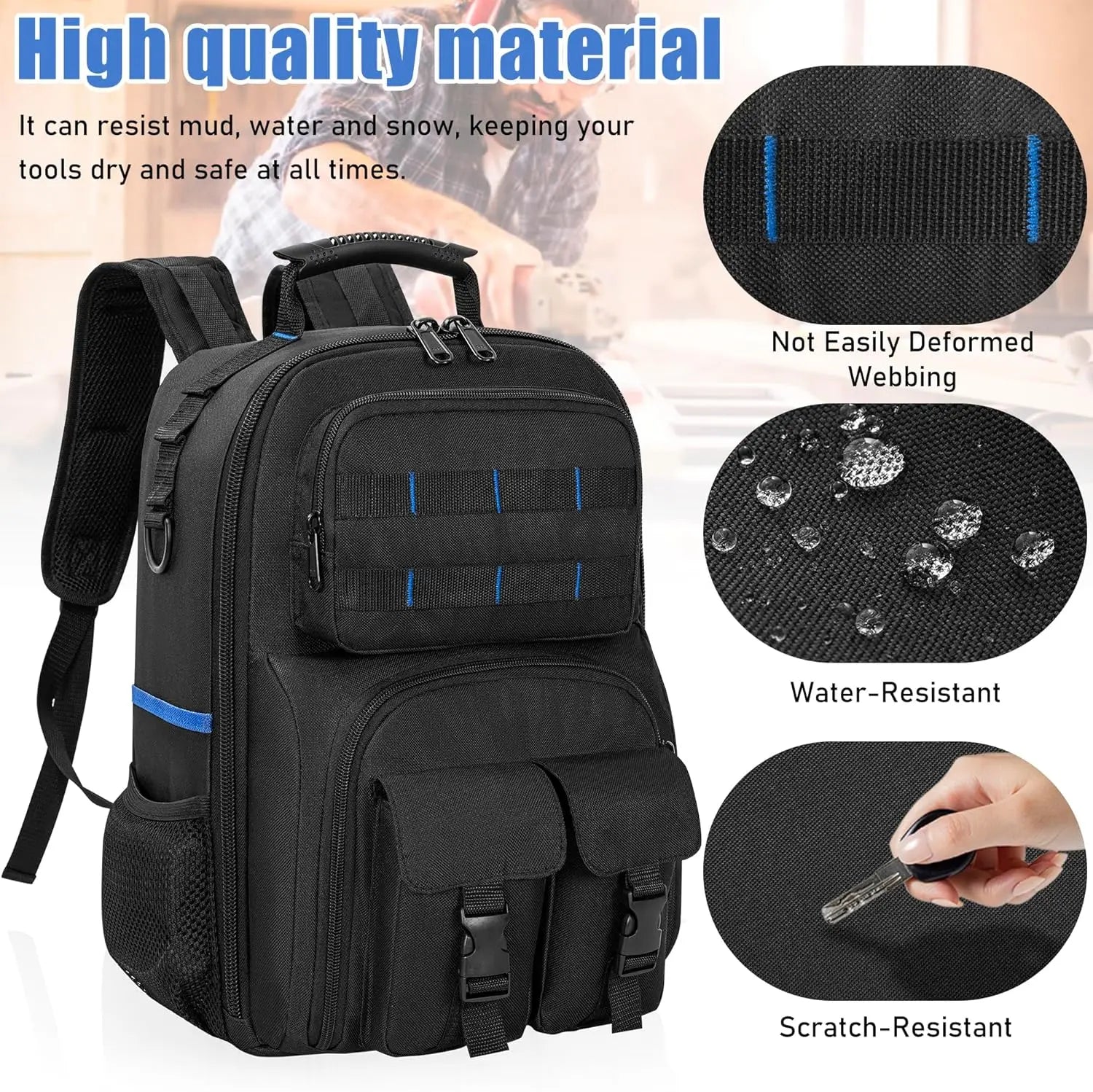 Heavy Duty Tool Backpack with Padded Shoulder Straps and Removable Tool Organizer
